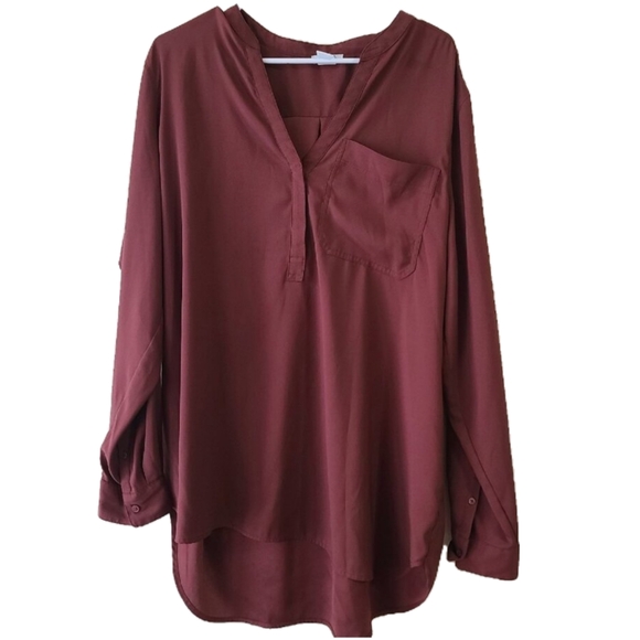 Daily Ritual Tops - Daily Ritual Maroon Oversized Long Sleeve Blouse